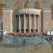 Collage des VOLKSBADS mit Schwimmbecken vor der Volksbühne am Rosa-Luxemburg-Platz in Berlin