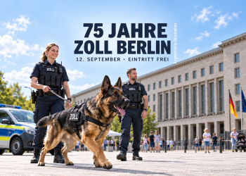 KI-generierte Illustration zu 75 Jahre Zoll Berlin 2026 mit Zoll-Diensthund, Einsatzbeamten und Zollfahrzeug vor dem Bundesfinanzministerium