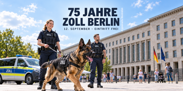 KI-generierte Illustration zu 75 Jahre Zoll Berlin 2026 mit Zoll-Diensthund, Einsatzbeamten und Zollfahrzeug vor dem Bundesfinanzministerium