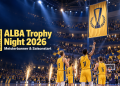 ALBA Trophy Night 2026 mit Meisterbanner und Basketballteam in der Uber Arena
