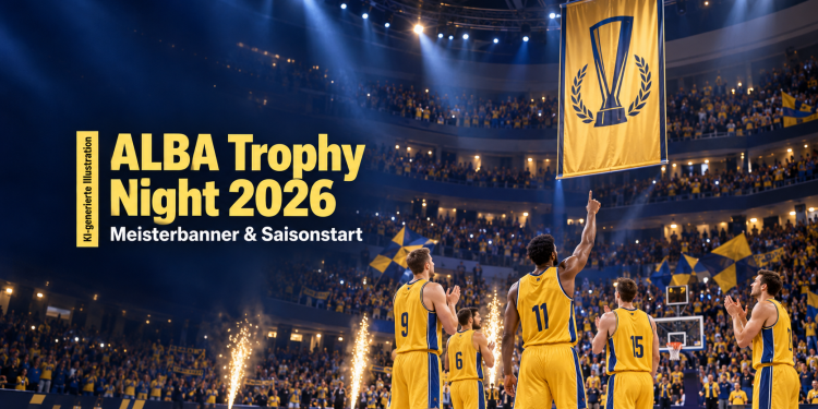 ALBA Trophy Night 2026 mit Meisterbanner und Basketballteam in der Uber Arena