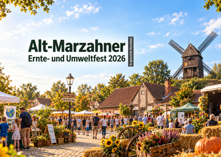 Alt-Marzahner Ernte- und Umweltfest 2026 mit Marzahner Mühle, Marktständen und Besuchern