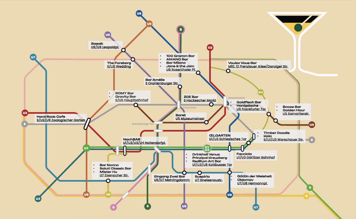 Karte der teilnehmenden Bars bei der Berlin Cocktail Week 2026 im Stil des Berliner U-Bahn-Netzes