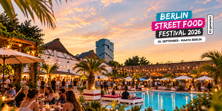 Berlin Street Food Festival 2026 im MAAYA Berlin mit Street-Food-Ständen und PoolbereichBerlin Street Food Festival 2026 im MAAYA Berlin mit Street-Food-Ständen und Poolbereich