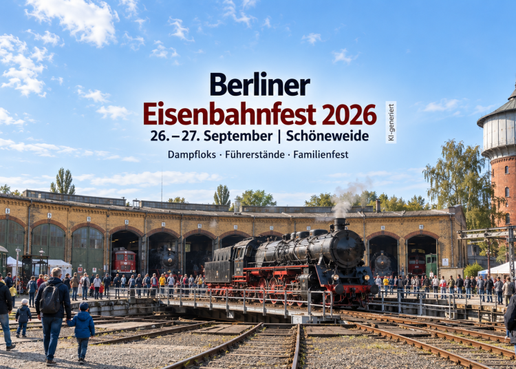 Berliner Eisenbahnfest 2026 im Bahnbetriebswerk Schöneweide mit Dampflok, Lokschuppen und historischem Wasserturm
