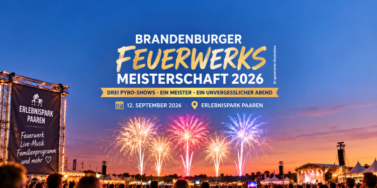 KI-generierte Illustration zur Brandenburger Feuerwerks-Meisterschaft 2026 mit drei Feuerwerksshows über dem Erlebnispark Paaren