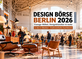 KI-generiertes Bild zur Design Börse Berlin 2026 mit Vintage-Möbeln, Designklassikern und Besuchern in einer Ausstellungshalle