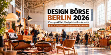KI-generiertes Bild zur Design Börse Berlin 2026 mit Vintage-Möbeln, Designklassikern und Besuchern in einer Ausstellungshalle