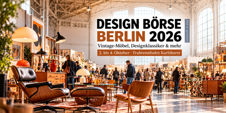 KI-generiertes Bild zur Design Börse Berlin 2026 mit Vintage-Möbeln, Designklassikern und Besuchern in einer Ausstellungshalle