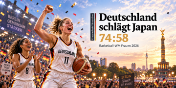 KI-generierte Illustration zum 74:58-Sieg Deutschlands gegen Japan bei der Basketball-WM der Frauen 2026 in Berlin