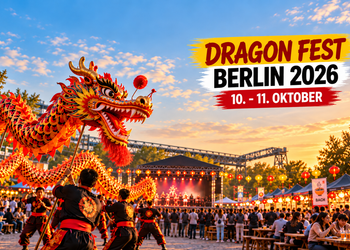 Dragon Fest Berlin 2026 mit Drachentanz, Asia-Food, Bühne und Festivalbesuchern am Gleisdreieck