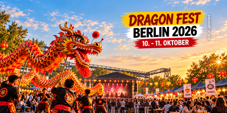 Dragon Fest Berlin 2026 mit Drachentanz, Asia-Food, Bühne und Festivalbesuchern am Gleisdreieck