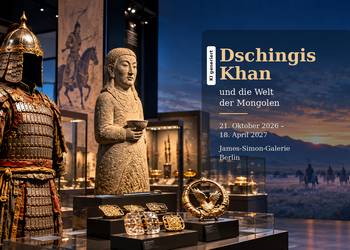 KI-generierte Illustration zur Ausstellung „Dschingis Khan und die Welt der Mongolen“ in der James-Simon-Galerie Berlin