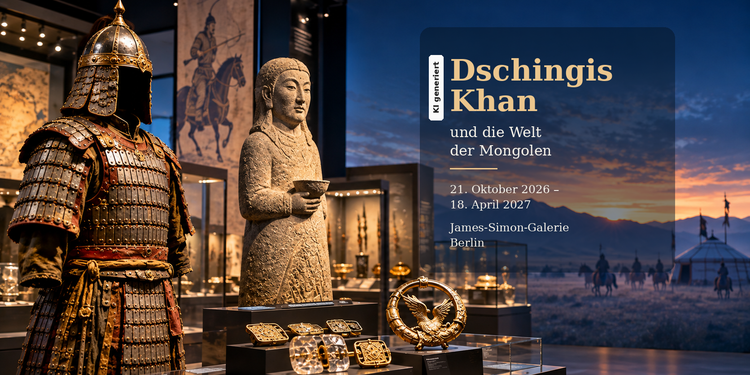 KI-generierte Illustration zur Ausstellung „Dschingis Khan und die Welt der Mongolen“ in der James-Simon-Galerie Berlin