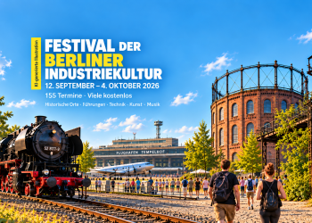 KI-generierte Illustration zum Festival der Berliner Industriekultur 2026 mit Dampflok, Tempelhof und historischen Industrieanlagen