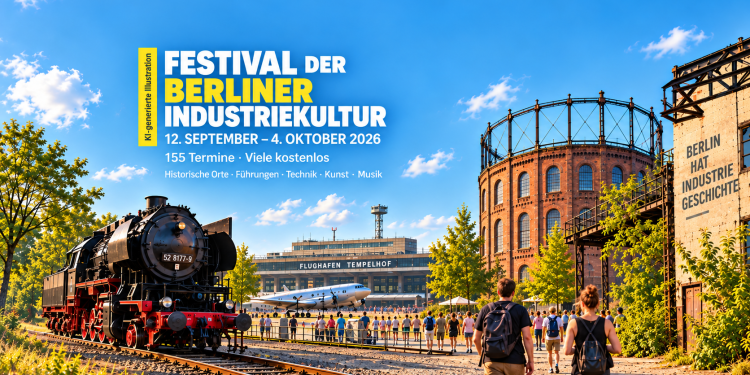 KI-generierte Illustration zum Festival der Berliner Industriekultur 2026 mit Dampflok, Tempelhof und historischen Industrieanlagen