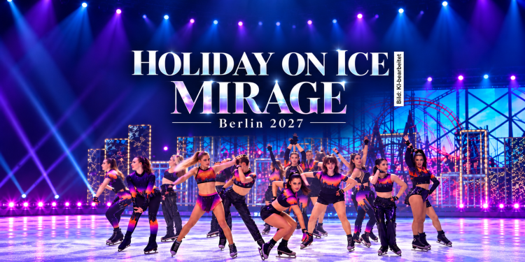 Holiday on Ice MIRAGE Berlin 2027 mit Eiskunstläufern auf einer beleuchteten Showbühne