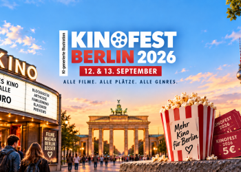 KI-generierte Illustration zum Kinofest Berlin 2026 mit Kino, Popcorn und 5-Euro-Tickets