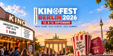KI-generierte Illustration zum Kinofest Berlin 2026 mit Kino, Popcorn und 5-Euro-Tickets