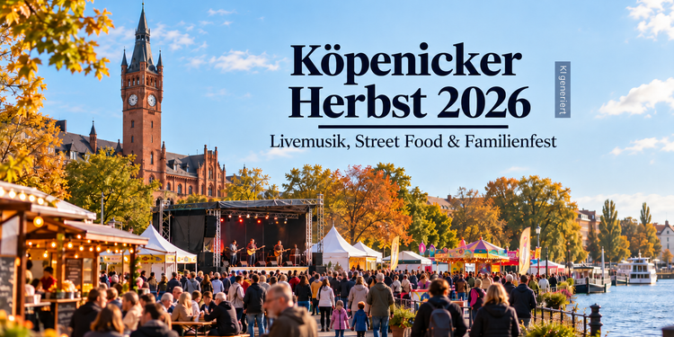 KI-generiertes Bild zum Köpenicker Herbst 2026 im Luisenhain mit Livemusik, Street Food, Familienfest und Rathaus Köpenick