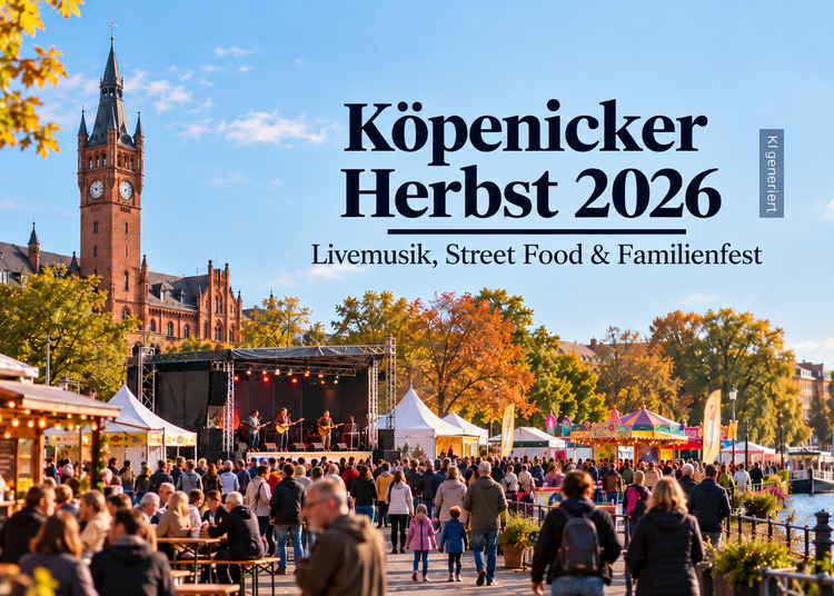 KI-generiertes Bild zum Köpenicker Herbst 2026 im Luisenhain mit Livemusik, Street Food, Familienfest und Rathaus Köpenick