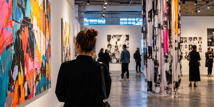 Besucher in einer Berliner Ausstellung während der Kunstwoche der Kommunalen Galerien 2026