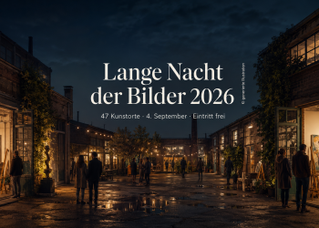 Lange Nacht der Bilder 2026 mit nächtlichem Atelierhof, offenen Kunsträumen, Besuchern und Kunstwerken in Berlin-Lichtenberg