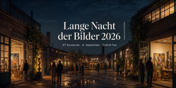 Lange Nacht der Bilder 2026 mit nächtlichem Atelierhof, offenen Kunsträumen, Besuchern und Kunstwerken in Berlin-Lichtenberg