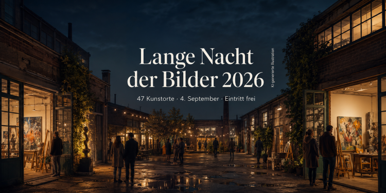 Lange Nacht der Bilder 2026 mit nächtlichem Atelierhof, offenen Kunsträumen, Besuchern und Kunstwerken in Berlin-Lichtenberg