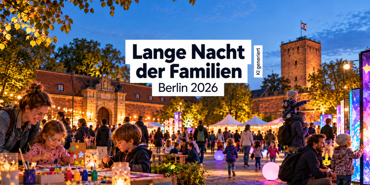 KI-Illustration zur Langen Nacht der Familien 2026 in Berlin mit Familien bei einem abendlichen Mitmachprogramm