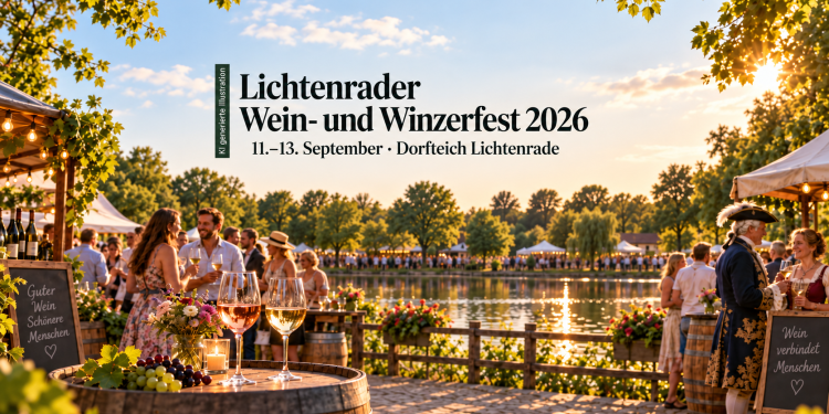 KI-generierte Illustration zum Lichtenrader Wein- und Winzerfest 2026 am Dorfteich mit Weingläsern und Besuchern