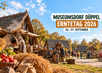 Museumsdorf Düppel Erntetag 2026 mit Lehmofen, Ernte und mittelalterlichem Dorf