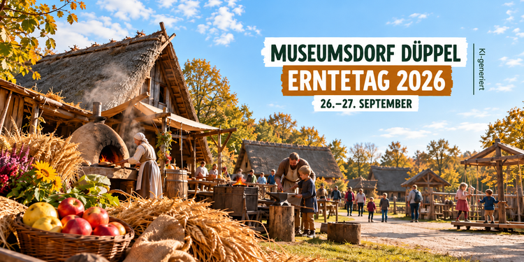 Museumsdorf Düppel Erntetag 2026 mit Lehmofen, Ernte und mittelalterlichem Dorf