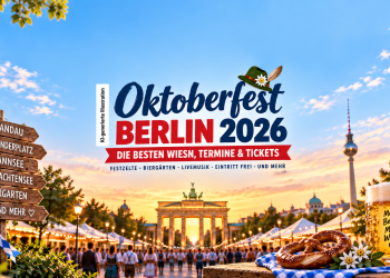 KI-generierte Illustration zum Oktoberfest Berlin 2026 mit Festzelten, Bier, Brezel und Berliner Wahrzeichen