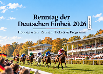 KI-generierte Illustration zum Renntag der Deutschen Einheit 2026 auf der Rennbahn Hoppegarten mit Galopprennen, Tribünen und Besuchern