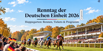 KI-generierte Illustration zum Renntag der Deutschen Einheit 2026 auf der Rennbahn Hoppegarten mit Galopprennen, Tribünen und Besuchern