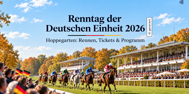 KI-generierte Illustration zum Renntag der Deutschen Einheit 2026 auf der Rennbahn Hoppegarten mit Galopprennen, Tribünen und Besuchern