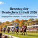 KI-generierte Illustration zum Renntag der Deutschen Einheit 2026 auf der Rennbahn Hoppegarten mit Galopprennen, Tribünen und Besuchern