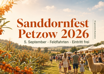 Sanddornfest Petzow 2026 mit leuchtenden Sanddornzweigen, Familien, Marktständen und Alpaka in Brandenburg