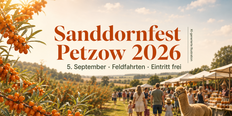 Sanddornfest Petzow 2026 mit leuchtenden Sanddornzweigen, Familien, Marktständen und Alpaka in Brandenburg