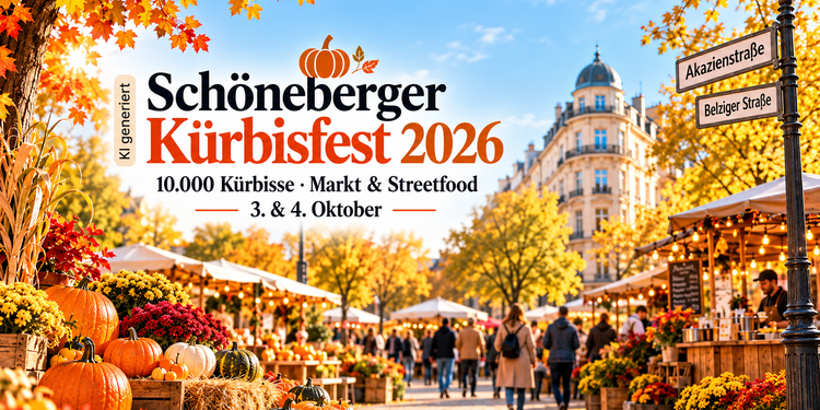 KI-generierte Illustration zum Schöneberger Kürbisfest 2026 mit Kürbissen, Marktständen und Streetfood im Akazienkiez