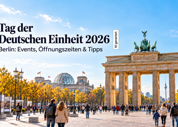 KI-generierte Illustration zum Tag der Deutschen Einheit 2026 in Berlin mit Brandenburger Tor, Reichstag und Besuchern