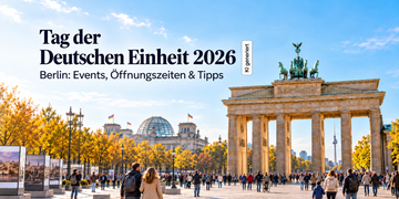 KI-generierte Illustration zum Tag der Deutschen Einheit 2026 in Berlin mit Brandenburger Tor, Reichstag und Besuchern