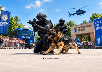 KI-generierte Illustration zum Tag der offenen Tür der Polizei Berlin 2026 mit SEK-Vorführung und Diensthund