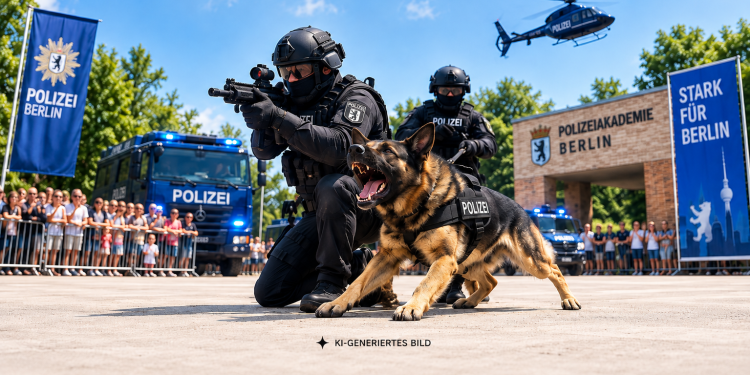 KI-generierte Illustration zum Tag der offenen Tür der Polizei Berlin 2026 mit SEK-Vorführung und Diensthund