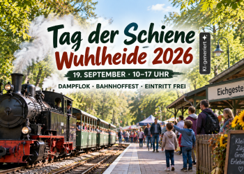 Tag der Schiene Wuhlheide 2026 mit Dampflok am Bahnhof Eichgestell und Familien beim Bahnhofsfest