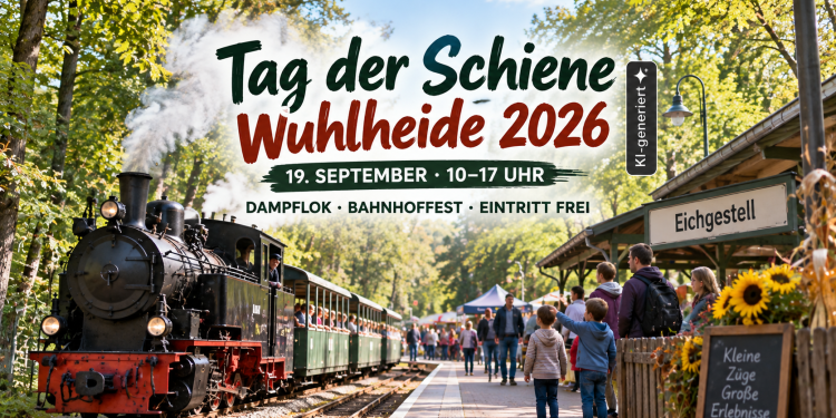 Tag der Schiene Wuhlheide 2026 mit Dampflok am Bahnhof Eichgestell und Familien beim Bahnhofsfest