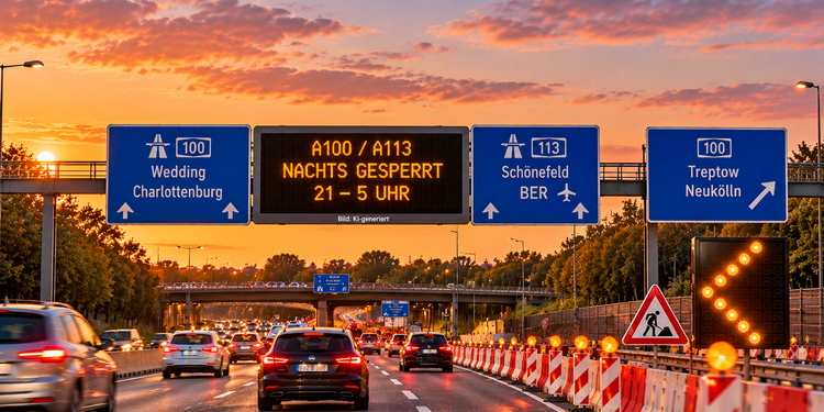 A100 in Berlin mit Baustelle und Hinweis auf nächtliche Sperrungen von A100 und A113