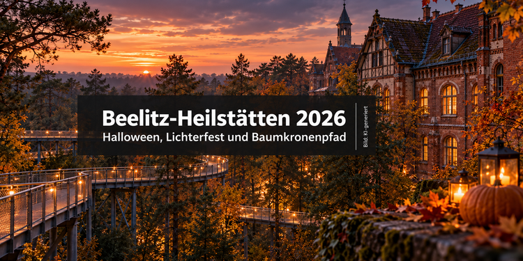 Beelitz-Heilstätten 2026 mit historischem Gebäude, Baumkronenpfad und herbstlicher Lichtstimmung zu Halloween und zum Lichterfest.