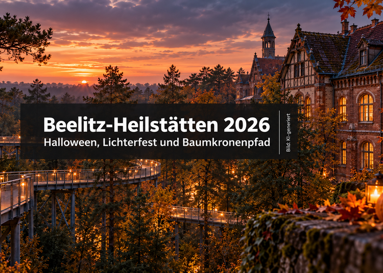 Beelitz-Heilstätten 2026 mit historischem Gebäude, Baumkronenpfad und herbstlicher Lichtstimmung zu Halloween und zum Lichterfest.